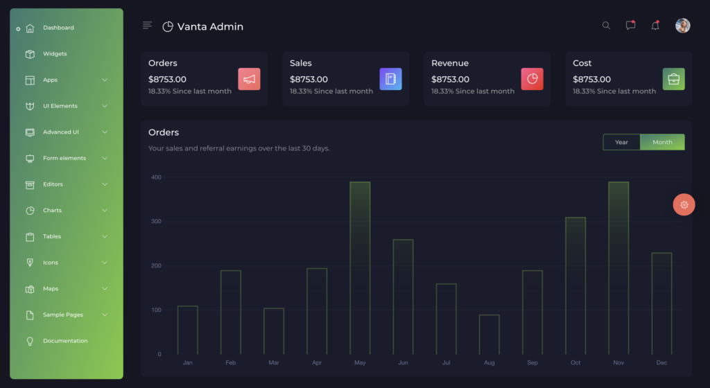 Vanta is a dark themed admin dashboard template