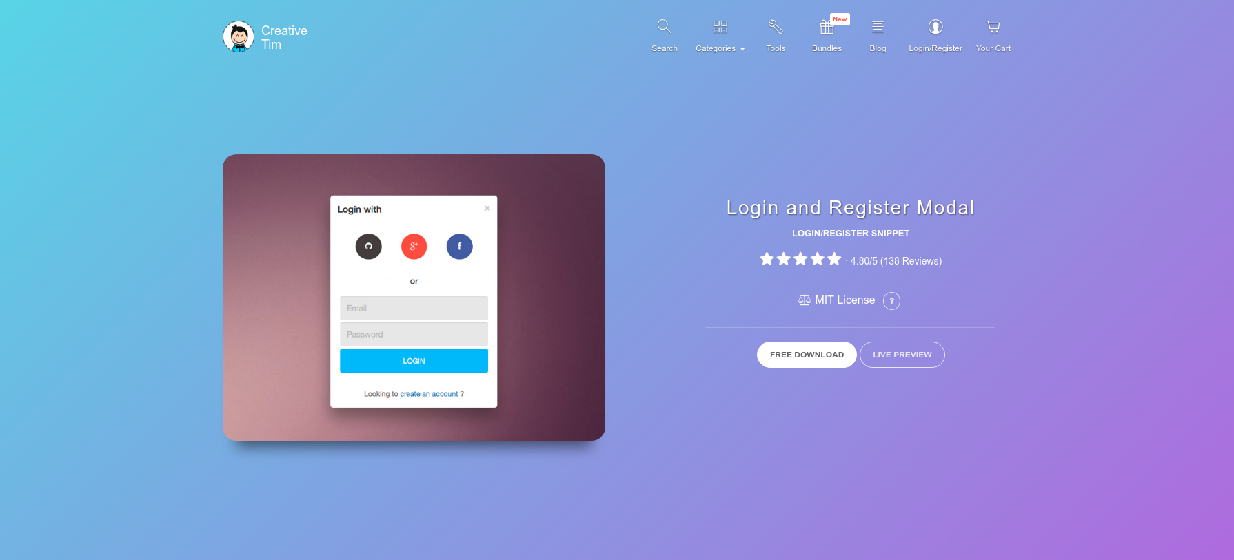 Login and register modal from creative tim