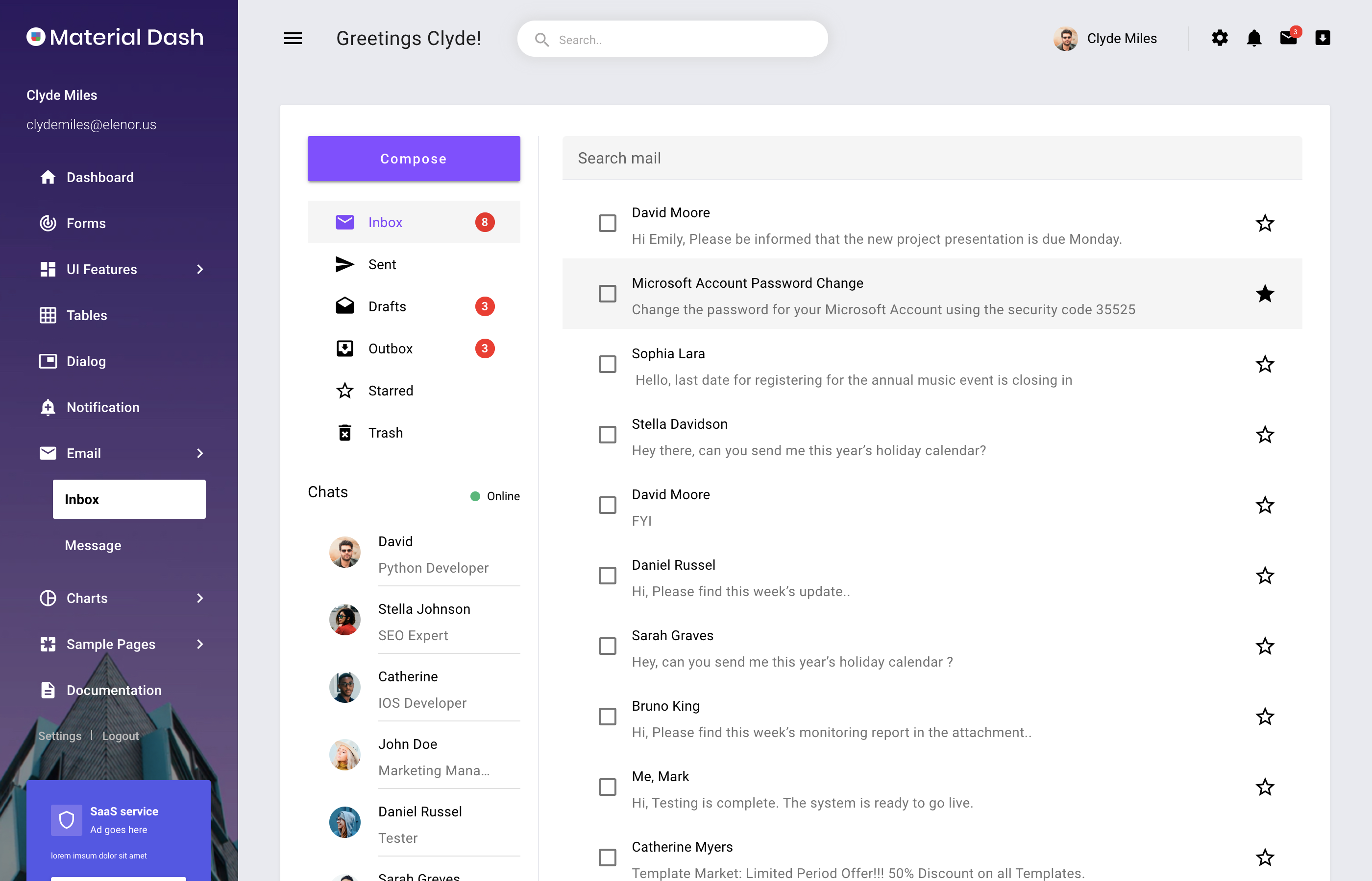 material dashboard email