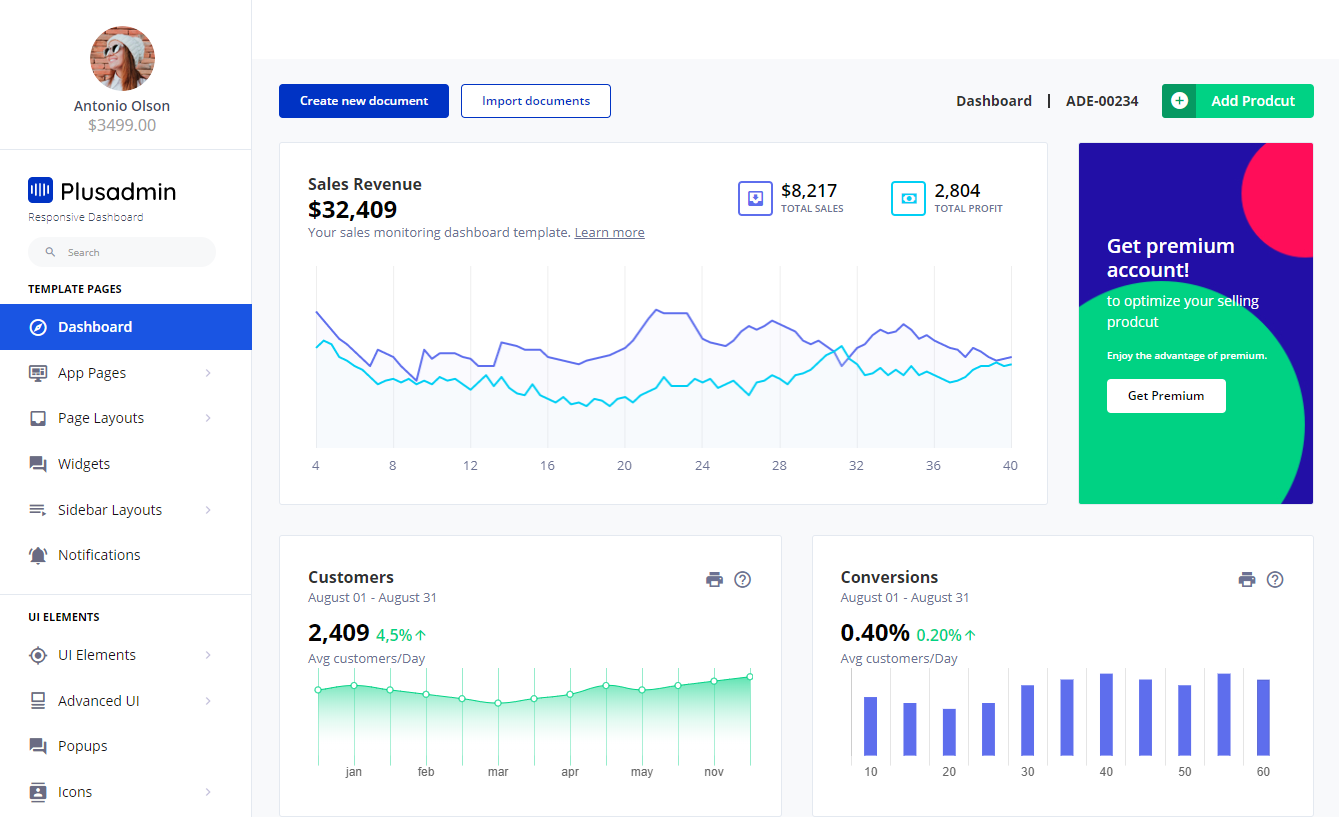A preview of a jQuery dashboard template called Plus Admin.