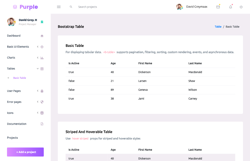 Purple Vue admin template - tables