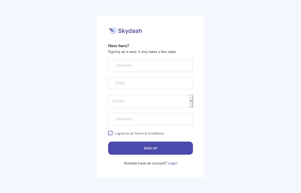 The signup page of skydash bootstrap admin template