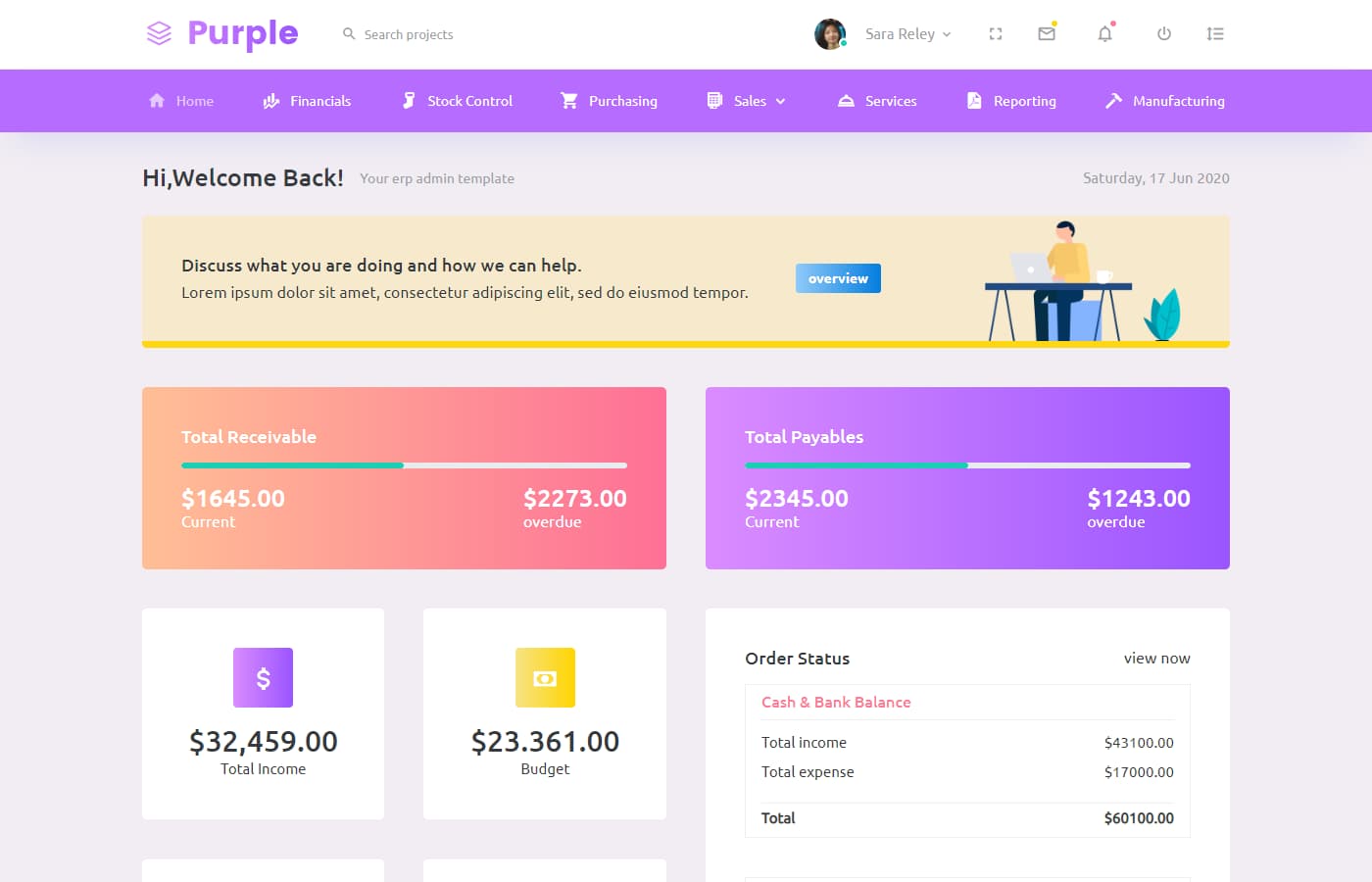 Purple Bootstrap 5 admin template layout 2